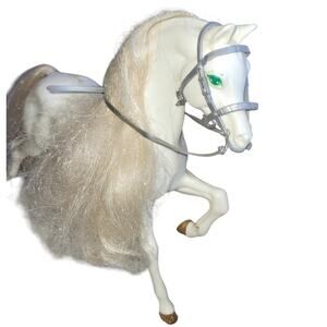 10.5" Vintage Model White Horse W/Green Eyes, Rooted Long Mane, Tail & Bridle